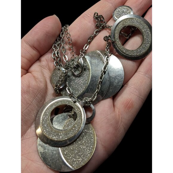 Whimsical Glitter Silver Tone Medallion Charm Necklace - Picture 3 of 6